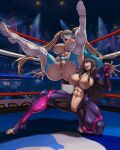  1girl 2_girls abs anus areola big_breasts blonde_hair bodysuit boots breasts brown_hair female_only hair hourglass_figure juri_han long_hair looking_at_another muscle muscular muscular_female nipples one_eye_closed open_mouth pussy rainbow_mika spread_legs street_fighter tied_hair twin_tails wrestler wrestling_boots wrestling_outfit xxoom 