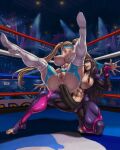 1girl 2_girls abs anus areola big_breasts blonde_hair bodysuit boots breasts brown_hair female_only hair hourglass_figure juri_han long_hair looking_at_another muscle muscular muscular_female nipples one_eye_closed open_mouth pussy rainbow_mika spread_legs street_fighter tied_hair twin_tails wrestler wrestling_boots wrestling_outfit xxoom