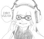  1girl absurdres cheek_pinching eyes fangs headphones highres inkling mask monochrome nintendo parody pinching smile spice_and_wolf splatoon 