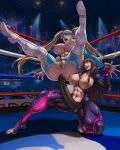  1girl 2_girls abs anus areola big_breasts blonde_hair bodysuit boots breasts brown_hair female_only hair hourglass_figure juri_han long_hair looking_at_another muscle muscular muscular_female nipples one_eye_closed open_mouth pussy rainbow_mika spread_legs street_fighter tied_hair twin_tails wrestler wrestling_boots wrestling_outfit xxoom 