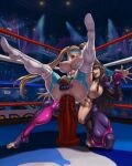 1girl 2_girls abs anus areola big_breasts blonde_hair bodysuit boots breasts brown_hair female_only hair hourglass_figure juri_han long_hair looking_at_another muscle muscular muscular_female nipples one_eye_closed open_mouth pussy rainbow_mika spread_legs street_fighter tied_hair twin_tails wrestler wrestling_boots wrestling_outfit xxoom