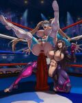  1girl 2_girls abs anus areola big_breasts blonde_hair bodysuit boots breasts brown_hair female_only hair hourglass_figure juri_han long_hair looking_at_another muscle muscular muscular_female nipples one_eye_closed open_mouth pussy rainbow_mika spread_legs street_fighter tied_hair twin_tails wrestler wrestling_boots wrestling_outfit xxoom 