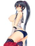 1girl 1girl 1girl areola ass asymmetrical_legwear bare_shoulders big_breasts black_hair blue_panties blue_underwear breasts breasts_out_of_clothes female_only female_solo gloves hagirussia_(sanyanyanya) hair_between_eyes ichinomiya_(blantte) in_profile kantai_collection lingerie long_hair looking_at_viewer medium_breasts nipples nude_filter open_clothes open_shirt panties partially_undressed ponytail posterior_cleavage red_eyes shiny shiny_hair shirt simple_background thighs third-party_edit tied_hair underwear white_background white_gloves yahagi_(kantai_collection)