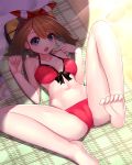  1girl :o bangs barefoot beach beach_towel big_breasts bikini blue_eyes breasts breasts_apart brown_hair cameltoe checkered crotch dutch_angle feet front-tie_bikini front-tie_top full_body hair_ribbon hairband haruka_(pokemon) haruka_(pokemon)_(remake) leg_up looking_at_viewer lying navel on_back open_mouth outdoors pokemon pokemon_(game) pokemon_oras pov_feet red_bikini ribbon ririko_(zhuoyandesailaer) shade short_hair soles solo spread_legs swimsuit toe_scrunch toes towel wide_hips zhuoyandesailaer 