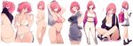 1girl 1girl armpits arms_up ass backpack bag big_breasts bra breasts cleavage crossed_legs dress headphones headphones_around_neck high_resolution jewelry looking_back medium_hair midriff mikoto_akemi multiple_views musical_note navel necklace nude open_mouth original panties pants pink_bra pink_hair pink_panties pleated_skirt school_uniform shoes shorts skirt smile sneakers sports_bra strap_gap thighs top-down_bottom-up underwear uniform white_bra white_panties white_underwear yoga_pants