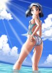  1girl adjusting_swimsuit alluring ass bandai_namco beach black_hair brown_eyes competition_swimsuit hairband hands_on_hips headband high_res kazama_jun kneepits legs looking_at_viewer masamurai mature milf namco namco_bandai one-piece_swimsuit see-through short_hair small_breasts sunbeam sunlight swimsuit tekken tekken_2 tekken_8 tekken_tag_tournament tekken_tag_tournament_2 tekken_the_motion_picture wading water wet 