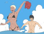 beach bikini black_hair blonde_hair embarrassed embarrassed_nude_male embarrassing enm human male/female nude ocean prank short_hair water