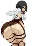 1girl anus artist_request ass attack_on_titan bent_over big_ass black_eyes black_hair bottomless breasts dangorou_(yushi-art) female looking_at_viewer looking_back mikasa_ackerman no_panties parted_lips pubic_hair pussy scarf shingeki_no_kyojin short_hair simple_background skirt_lift smile solo strap straps thick_thighs thigh_strap uncensored white_background