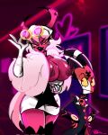  big_breasts blitzo_(vivzmind) canon_couple flashing helluva_boss horns imp long_hair pink_hair red_skin size_difference smirking succubus verosika_mayday 