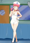 1girl arekusanderu bare_legs barefoot blue_eyes breasts cleavage female female_human female_only hair_rings human indoors joy_(pokemon) looking_at_viewer nipples no_bra no_panties nurse_cap nurse_joy partially_clothed pink_hair pokemon solo standing