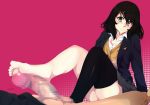 1boy 1girl barefoot black_hair blazer blush bottomless cardigan censored feet fetish footjob green_eyes highres hiromin long_hair lying on_back original penis school_uniform single_thighhigh sitting solo_focus thighhighs toes upskirt