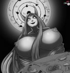 1girl breasts byakugan earth giantess globe highres horns kaguya_ootsutsuki long_hair maniacpaint milf monochrome moon naruto naruto_shippuuden nipples oddmachine oddrich planet rinne_sharingan smile very_long_hair white_eyes