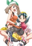  2girls art ass ass_grab bag bandana bandanna bare_legs big_breasts bike_shorts black_socks blue_eyes blue_hair blush breasts brown_hair cameltoe creatures_(company) crossover crystal_(pokemon) double_s_(pokemon) earrings erect_nipples fang female female_protagonist_(pokemon_crystal) game_freak girl_on_top gloves hair hand_in_shorts hand_on_ass hand_under_shorts happy haruka_(pokemon) haruka_(pokemon_emerald) holding humans_of_pokemon kneeling kris_(pokemon) large_breasts leg_lock light_brown_hair looking_at_viewer looking_back may_(pokemon) multiple_girls navy_blue_hair nintendo no_panties nori_(akusei_shinseibutsu) nori_(artist) off_shoulder open_mouth pokemon pokemon_(anime) pokemon_(game) pokemon_crystal pokemon_diamond_pearl_&amp;_platinum pokemon_dppt shiny shiny_hair shiny_skin shirt shoes short_hair short_shorts shorts simple_background sitting skin_tight sleeveless sleeveless_shirt smile sneakers socks spread_legs sweat sweating teal_hair white_background yellow_eyes yuri 