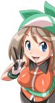 1girl arm art babe bandana belt blue_eyes blush breasts brown_hair double_s_(pokemon) erect_nipples fang female game_freak gloves hair happy leaning leaning_forward light_brown_hair lips looking_at_viewer may_(pokemon) nintendo nori_(artist) pokemon pokemon_(anime) pokemon_diamond_pearl_&_platinum pokemon_dppt shirt short_hair simple_background skin_tight sleeveless sleeveless_shirt smile solo tongue v white_background