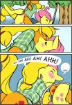  2girls anthro applejack comic dildo fluttershy friendship_is_magic hoofbeat_2 my_little_pony once_bitten_twice_appleshy rope tree yuri 