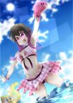 1girl 2019 akumu_(glitchtale) bete_noire betty_noire bra brown_hair clouds glitchtale grin kumu kumu_(glitchtale) onionsan panties pingupongo pink_eyes pink_hair skirt_suit slime summer tongue undertale undertale_(series) undertale_au water