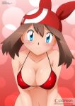 1girl alluring bare_shoulders big_breasts bikini bikini_top blue_eyes blush breasts brown_hair cleavage eyelashes female_only human human_only looking_at_viewer may may_(pokemon) nintendo nipples pokemon pokemon_rse red_background text url watermark zel-sama