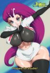 big_ass big_breasts black_gloves black_shirt blue_eyes cum cum_in_mouth cum_on_breasts cum_on_face english_text huge_breasts humans_of_pokemon jay-marvel jessie_(pokemon) long_hair miniskirt musashi_(pokemon) nipples nipples_poking nipples_visible_through_clothing pink_hair pokemon red_hair team_rocket text thicc thick_thighs undershirt white_skirt wide_hips