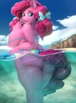 1girl anthro anthrofied beach big_breasts bikini blue_eyes breasts chubby clothed clothing dat_ass david_delanty equine eyelashes female_only friendship_is_magic furry hairbow hasbro longinius looking_back my_little_pony nipple_bulge ocean partially_submerged partially_underwater_shot pinkie_pie polka_dot_bikini polka_dot_swimsuit rear_view skimpy smile swimsuit thick_thighs thighs underwater water