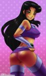 black_hair blackfire boots dc fingerless_gloves gloves john_joseco long_hair looking_back orange_skin purple_eyes shiny shiny_skin skirt skirt_lift solo tan tan_line teen_titans