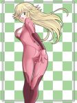  1girl ass blonde_hair bodysuit covering embarrassed green_eyes highres long_hair mario_(series) mario_kart metroid nintendo open_mouth princess_peach solo super_mario_bros. tamamon zero_suit 