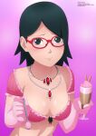 1girl 1girl absurd_res alluring black_eyes black_hair blush boruto:_naruto_next_generations breasts cleavage collarbone feeding food glasses gloves high_res holding ice_cream jewelry looking_at_viewer medium_breasts midriff naruto naruto_(series) necklace pink_gloves pink_shirt purple_background sarada_uchiha shirt short_hair short_sleeves shounen_jump smile spoon standing sundae upper_body zel-sama