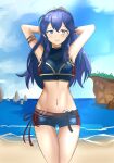  1girl alluring alternate_costume arms_behind_head ass_visible_through_thighs beach blue_bikini blue_eyes blue_hair blue_swimsuit female_only fire_emblem fire_emblem:_awakening fire_emblem_cipher long_hair lucina lucina_(fire_emblem) nintendo ocean official_alternate_costume pose super_smash_bros_wii_u swimsuit symbol-shaped_pupils zipperqr 