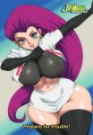 big_ass big_breasts black_gloves black_shirt blue_eyes english_text huge_breasts humans_of_pokemon jay-marvel jessie_(pokemon) long_hair miniskirt musashi_(pokemon) nipples nipples_poking nipples_visible_through_clothing pink_hair pokemon red_hair team_rocket text thicc thick_thighs undershirt white_skirt wide_hips