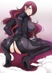 1girl ass blush bodysuit cameltoe from_behind gun hair_over_one_eye high_heels holster huge_breasts komori_kei long_hair looking_at_viewer looking_back mitsuru_kirijo nipples panty_lift panty_pull persona persona_3 persona_4_arena purple_hair shiny shiny_clothes sideboob skin_tight squatting thong very_long_hair weapon