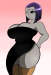 big_breasts black_dress dc_comics dress grey_skin huge_breasts maymayumi2 night_dress purple_eyes purple_hair raven_(dc) simple_background teen_titans