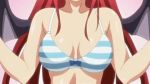  1girl animated animated_gif bouncing_breasts bra breast_expansion breasts bursting_breasts demon_girl demon_wings embarrassed fang hentai itadaki!_seieki large_breasts lowres nipples pashmina pointy_ears red_eyes red_hair setogaya_mari solo striped striped_bra succubus underwear wings 