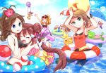 >_< 6+girls bikini black_bikini blue_(pokemon) blue_eyes breasts brown_hair closed_eyes diancie double_bun drifloon flower green_eyes hair hair_flower hair_ornament hairband haruka_(pokemon) haruka_(pokemon)_(remake) hibiscus hikari_(pokemon) hirako kotone_(pokemon) long_hair mei_(pokemon) mudkip multiple_girls ocean open_mouth partially_submerged poke_ball pokemon pokemon_(creature) pokemon_(game) pokemon_bw pokemon_bw2 pokemon_dppt pokemon_hgss pokemon_oras pokemon_xy ponytail serena_(pokemon) short_hair smile swimsuit torchic touko_(pokemon) treecko wailord