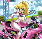 areola_slip blonde_hair blue_eyes breasts cleavage crown earrings hair jumpsuit motorcycle nevarky nintendo princess_peach racetrack shadman super_mario_bros.