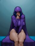 1girl 2022 bare_legs big_breasts dc_comics erect_nipples female_focus fingering hourglass_figure leotard masturbation masturbation nipple_bulge pinup pinup_pose raven_(dc) sitting teen_titans thick_thighs venusboyart wide_hips