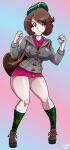  1girl 2020 backpack beret breasts brown_eyes brown_hair brunette erect_nipples game_freak gloria_(pokemon) huge_breasts nintendo nipples no_panties pokemon pokemon_sword_&amp;_shield pokemon_sword_shield protoscene pussy shoes short_hair solo_female solo_focus stockings 