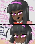  1boy 1girl 2koma black_hair black_lipstick blush cum dark-skinned_female dark_skin dialogue ejaculating_in_mouth ejaculation english_text fellatio interracial jacqueline_(protoscene) lipstick long_hair original protoscene school_uniform schoolgirl simple_background smug text 