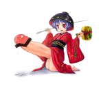 1girl barefoot bowl erection futanari gigantic_penis hammer hat japanese_clothes kiku_hitomoji kimono long_sleeves looking_at_viewer needle obi open_mouth penis precum purple_eyes purple_hair sash simple_background smile solo sukuna_shinmyoumaru touhou white_background wide_sleeves