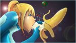 1girl banana blonde_hair blue_clothes blue_suit fellatio female hair hetero latex long_hair metroid nintendo oral samus_aran solo zero_suit