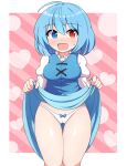 <3 1girl 1girl 1girl bangs bangs_over_eyes blue_dress blue_eyes blue_hair blush bow bow_panties breasts cameltoe clothed clothes clothing dress dress_lift feet_out_of_frame female_only hair_between_eyes heart heterochromia human juliet_sleeves lifted_by_self looking_at_viewer open_mouth panties pussy red_eyes rizento short_hair simple_background smile striped_background sweat sweatdrop tatara_kogasa touhou touhou_project underwear white_panties