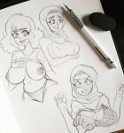  1girl blush bra braces breast_grab cute grope hijab huge_breasts middle_eastern_female monochrome muslim nafeza_(protoscene) nipples original panties pen protoscene simple_background sketch smile traditional_art traditional_media_(artwork) 