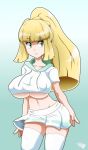 1girl 1girl blonde_hair breasts erect_nipples green_eyes hoodie huge_breasts lillie_(pokemon) nipples pokemon pokemon_sm pokemon_usum ponytail protoscene sexually_suggestive simple_background skirt solo_female solo_focus stockings under_boob