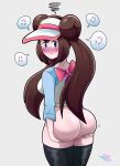 1girl 1girl ass big_ass blue_eyes blush brown_hair brunette embarrassed game_freak hair_bun hands_on_ass mad nintendo pokemon pokemon_black_2_&_white_2 pout protoscene rosa_(pokemon) simple_background solo_female solo_focus twin_tails