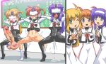  3girls arisa_bannings before_and_after blindfold blonde_hair blue_eyes blush bodysuit breasts brown_hair cum ejaculation erection futanari green_eyes hairband handsfree_ejaculation headgear heart huge huge_penis latex latex_suit lyrical_nanoha multiple_girls no_panties oral penis purple_eyes purple_hair ribbon sweat takamachi_nanoha testicles to-gnaniwa trembling tsukimura_suzuka twintails 