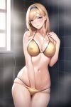 alice_schuberg alluring bikini blonde_hair blue_eyes erect_nipples_under_bikini female_masturbation gold_bikini nightcore_(artist) shower steam sword_art_online wet