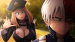  16:9_aspect_ratio 1_girl 1boy 1girl 3d ? aqua_eyes big_breasts black_bodysuit blonde_hair bodysuit breasts brown_eyes camie_utsushimi clavicle cleavage collar greatm8 grey_eyes hat heterochromia high_resolution long_hair male multicolored_hair my_hero_academia nipple_slip nipples outside red_hair scar short_hair shoto_todoroki white_hair wrist_cuffs 