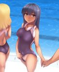 2girls abubu ass black_eyes black_hair blonde_hair blue_hair blush breasts bulge competition_swimsuit flashing futanari hand_holding highres long_hair multiple_girls one-piece_swimsuit original penis pool poolside short_hair swimsuit swimsuit_aside swimsuit_pull tan tan_line water