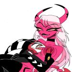  biting_lip blitzo_(vivzmind) breast_grab canon_couple cuddling helluva_boss imp succubus sucking_breasts tongue_out verosika_mayday wholesome 