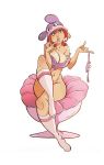  1girl bar bottomless breasts brown_eyes chair cleavage hat panties pink_panties red_hair sittin sitting sock socks solo 