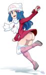 1girl 1girl ass beanie blue_hair coat dawn_(pokemon) headwear long_hair no_panties pokemon pokemon_diamond_pearl_&_platinum protoscene scarf smile solo_female solo_focus stockings thigh_high_boots winter_coat