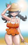 1girl 1girl 2020 beach breasts erect_nipples game_freak headwear huge_breasts nintendo nipples pokemon pokemon_sm pokemon_usum protoscene selene_(pokemon) sexually_suggestive shorts solo_female solo_focus sun sun_hat tank_top twin_tails